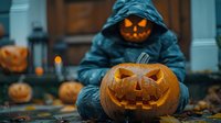 Hooded figure with glowing jack-o-lantern pumpkin in spooky Halloween scene with carved pumpkins and autumn leaves for seasonal horror decorations.