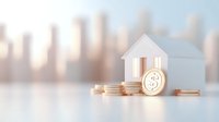 White miniature house model with golden bitcoin coins on light surface against blurred city skyline background, representing real estate investment and cryptocurrency market.