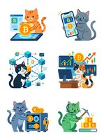 Cartoon cats with cryptocurrency symbols, blockchain technology, and bitcoin trading charts isolated on white background. Clipart for fintech, crypto education, and digital currency design projects.