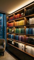 Modern home library with color-coordinated books on illuminated wooden shelves creating warm ambient lighting for reading and study spaces.