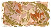 Abstract botanical print with organic leaves in warm earth tones of pink, orange and green. Artistic nature-inspired design for home decor and wall art.