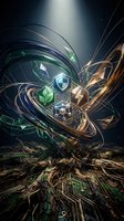Glowing shield, leaf, and molecular icons swirl around tree roots with circuit board patterns in mystical energy vortex, symbolizing cybersecurity, sustainability, and technology integration.