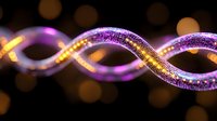 Glowing spiral light trail with purple and gold sparkles against dark background with bokeh effect, creating magical atmosphere.