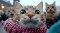 Ginger cat wearing pink knitted scarf looking up at camera with curious expression while other cats appear blurred in background, close-up portrait with shallow depth of field.