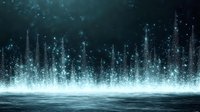 Magical glowing particles rising from dark water surface create ethereal light effect against black background. Mystical aqua blue sparkles form abstract pattern.