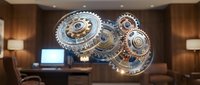 Floating metallic gears and cogs mechanism in modern office interior with wooden panels and contemporary furniture for business automation concepts.