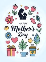 Happy Mother's Day greeting card with mother and child silhouette surrounded by colorful flowers, hearts, gifts and coffee cups on light background.