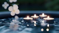 Floating tea light candles create serene spa atmosphere on dark water surface with soft bokeh flowers in background for relaxation and wellness concepts.