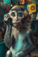 Adorable baby monkey with large expressive eyes scratching head in thoughtful pose against colorful blurred background for wildlife and animal content.