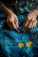 Close-up of elderly woman's hands working on intricate blue embroidery with yellow floral details, showcasing traditional textile craftsmanship.
