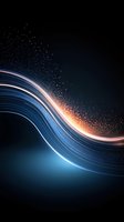 Dynamic glowing wave with blue and orange light trails against dark background, sparkling particles creating ethereal motion effect for technology designs.