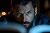 Dramatic close-up portrait of bearded man with intense blue eyes in dark moody lighting, looking mysteriously at screen with serious expression. Cinematic night atmosphere.