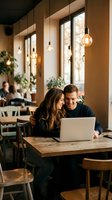 Young couple working together on laptop in modern cozy cafe with warm lighting and industrial decor for business collaboration and remote work.