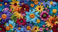 Vibrant floral pattern with colorful daisies and gerberas in blue, yellow, purple, and red hues creates seamless repeat design for fabric, wallpaper, and surface patterns.