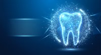 Digital tooth hologram with glowing particles and light effects on blue background for dental technology and healthcare innovation concepts.