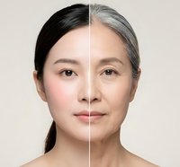 Asian woman face showing aging process before after comparison with young and mature skin wrinkles gray hair anti-aging skincare treatment concept.