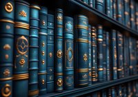 Elegant blue leather-bound books with gold embossing arranged on wooden shelves, creating a sophisticated library atmosphere for educational or literary concepts.