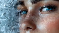 Close up view of bright blue eyes with long eyelashes and natural freckles on glowing skin, dandelion seeds floating in foreground creating dreamy atmosphere.