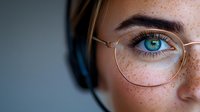 Close up portrait of young woman with bright blue eyes, freckles and round glasses against blue background, partial face view showing natural beauty.