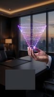 Businessman holding glowing holographic sales funnel with leads, prospects, and clients stages in a modern office at dusk.