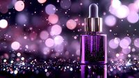 Purple glass dropper bottle with glowing sparkles and bokeh lights on dark background, luxury cosmetic skincare product photography for beauty industry advertising.