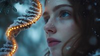 Young woman with glowing DNA strand in mystical winter setting, snow falling against blue background, pierced nose, red lips, profile view creates dreamy atmosphere.