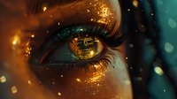 Mesmerizing close-up of glowing golden eye with digital matrix reflection and sparkles against teal background, capturing futuristic cyberpunk aesthetic and technology concept.