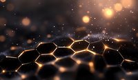 Glowing honeycomb molecular structure with golden light effect and bokeh particles on dark background, scientific concept for chemistry and technology.