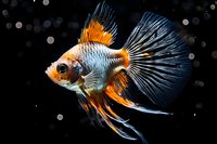 Elegant fantail goldfish with flowing black and orange fins swimming gracefully against dark background with bokeh lights, displaying vibrant aquatic motion and colors.