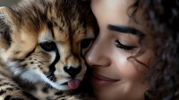 Young African American woman with curly hair gently embracing baby cheetah cub showing tender connection between human and wild animal.