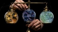Businessman holding balance scale with three glass spheres labeled life, work stress, and restful peace representing work-life balance concept.