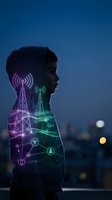 Young man silhouette with glowing wireless network symbols and communication towers overlay against blue evening cityscape for technology concepts.