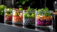 Layered healthy salads in glass jars with black beans, quinoa, vegetables and microgreens on dark background. Fresh meal prep concept for clean eating.