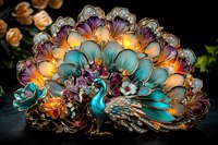 Ornate peacock figurine with turquoise, purple and gold plumage adorned with crystals and metallic details glowing against dark background, decorative collectible.