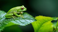 Red-eyed tree frog perched on wet green leaf in tropical rainforest setting, macro photography with shallow depth of field showing detailed amphibian texture and vibrant colors.