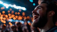 Young bearded man laughing joyfully at night with colorful bokeh lights creating warm atmosphere for lifestyle and happiness concepts.