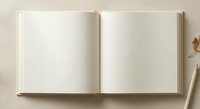 Open blank notebook with empty white pages and wooden pencil on beige background for writing, journaling, sketching and creative projects.
