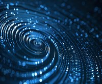 Blue digital spiral tunnel with glowing particles and light effects for technology backgrounds, data visualization, cyber space concepts, futuristic designs.