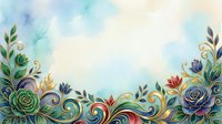Watercolor floral border with ornate golden swirls, roses, and colorful blooms on soft blue background with copy space for text.