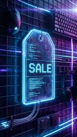 Futuristic neon sale tag glowing with circuit patterns, surrounded by gaming peripherals on a dark tech background for digital promotions.