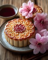 Traditional Chinese mooncakes with intricate floral patterns and red bean filling served with tea, decorated with pink cherry blossoms on wooden table.