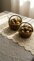 Two wicker baskets filled with colorful Easter eggs and fresh rosemary sprigs on lace tablecloth in soft natural light for spring holiday decoration.