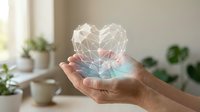 Hand holding glowing polygonal heart with network connections floating above palm in bright indoor space with plants for healthcare technology concepts.