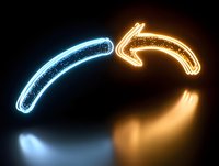 Glowing neon curved arrows in blue and orange colors with sparkle effect on dark background, creating dynamic directional movement and modern design element.