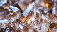 Macro shot of natural quartz crystal formation with amber light glowing through transparent minerals, showing detailed crystalline structure and geometric patterns.