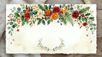 Floral arrangement with red, orange and cream roses, eucalyptus and fern leaves on aged paper background with decorative wreath. Suitable for wedding invitations and greeting cards.