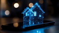 Glowing blue holographic house projection emerging from smartphone screen with bokeh light effects in dark background, futuristic smart home concept.