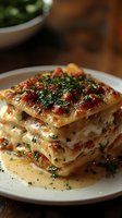 Layered lasagna with melted cheese, meat sauce, and fresh herbs served on white plate. Rich tomato sauce and creamy bechamel create appetizing Italian pasta dish.