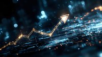 Glowing upward arrow chart with golden light trail on dark background with bokeh effects shows business growth and success in digital environment.