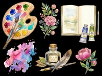 Watercolor art supplies clipart set with palette, brushes, ink, sketchbook, paint tubes, feather, and flowers, isolated on transparent background for stickers, t-shirts, print on demand.
